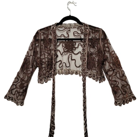 Brown Crop Jacket Bolero Top Sheer Mesh Lace Bolero Shrug Cover Up Size M - Picture 4 of 13